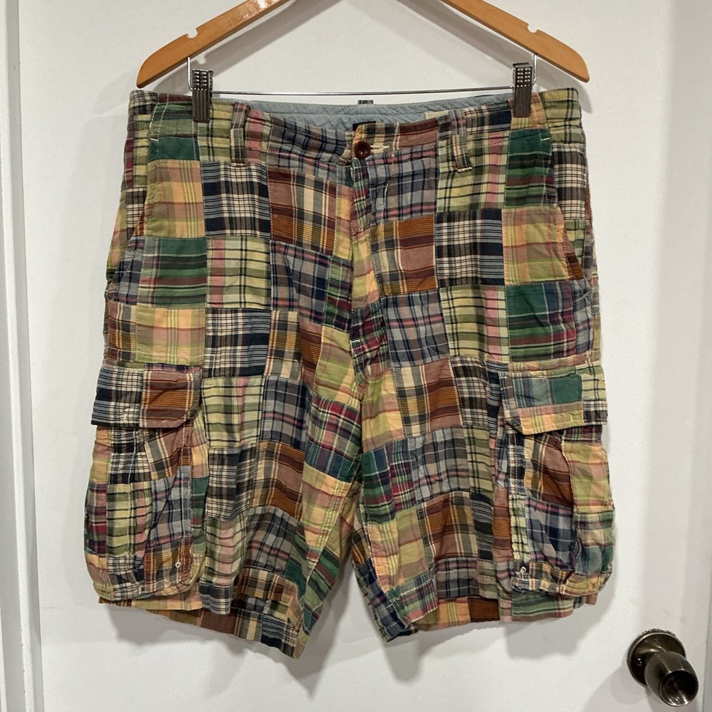 Vintage Y2K J CREW Patchwork Madras Cargo Shorts, 34 X 9.5 Inseam, Plaid